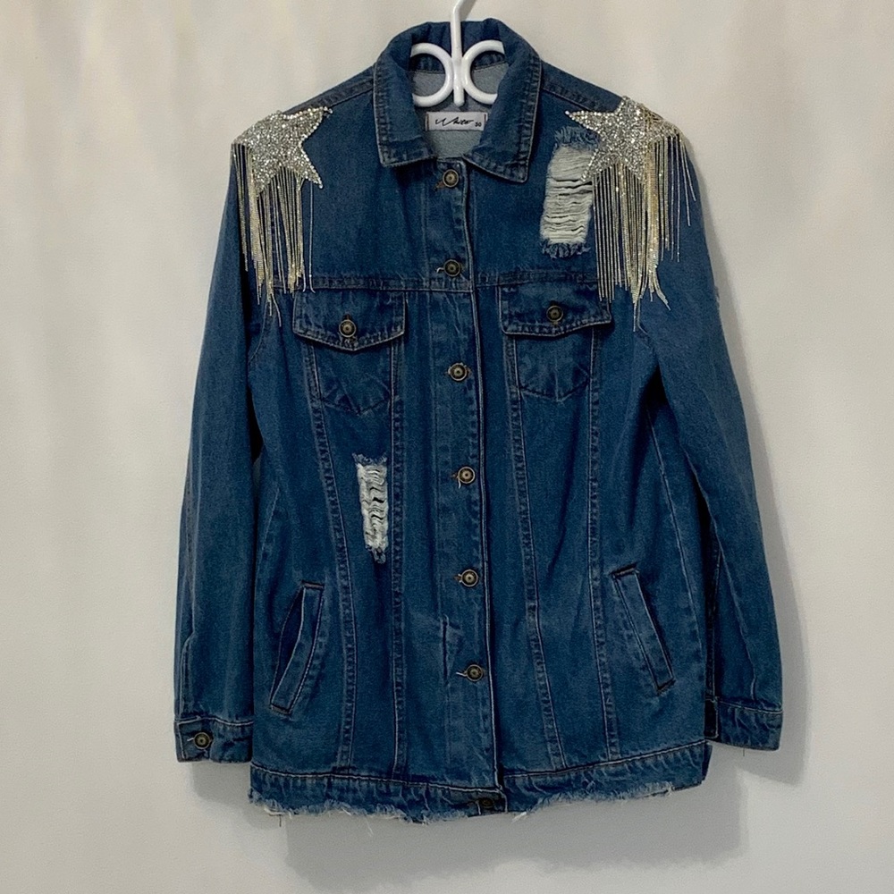 Embellished Dark Blue Denim Jacket with Silver Fringe Stars